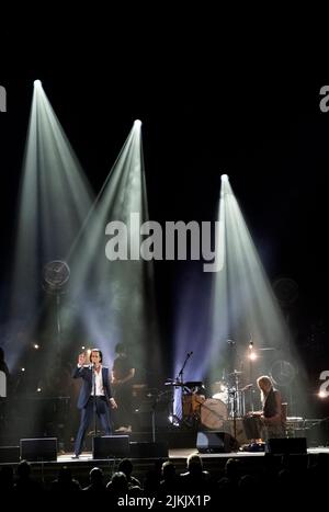 Die Sänger Nick Cave und Warren Ellis leben im Paramount Theater in Oakland Stockfoto