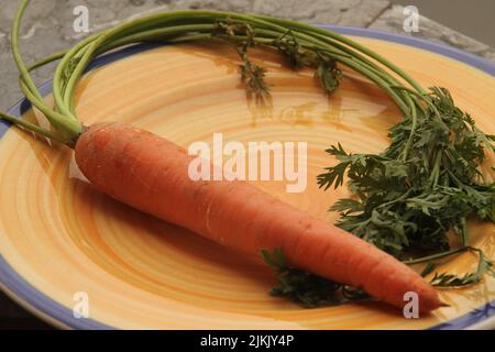 Eine frische orange Karotten, auf einem Keramikplatte Stockfoto