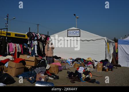 Die humanitäre Hilfe im Ukraine Refugee Welcome Center in Medyka, Polen. Stockfoto