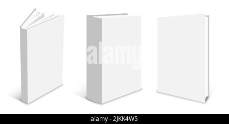 Leeres Buchcover Mockup Schablone weiß flaches Set. Geschlossene Broschüre 3D Layout graues Papier Vorderseite Lehrbuch Magazin Schatten einfaches Beispiel Werbung Bildung Literatur Business Publikation isoliert weiß Stock Vektor