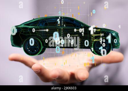 Eine 3D Illustration des Autos und binäre Code-Drahtdarstellung des autonomen Elektroautos Stockfoto