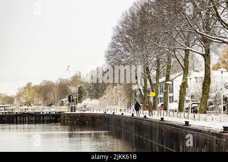 Leidsche Rijn Kanalkai mit Schnee auf dem Boulevard und grafischer Umrisse von frostbedeckten Ästen Stockfoto