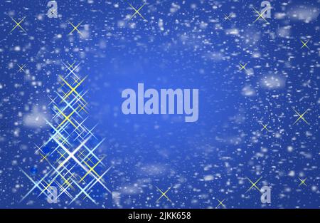 Fallende Schneeflocken, stilisierter Baum aus Lichtern und Stern. Die Magie von Weihnachten, Hintergrund ist Hintergrund, abstrakt Stockfoto