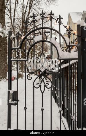 Eine Nahaufnahme eines eisigen Eisentores in einem Dorf im Winter Stockfoto