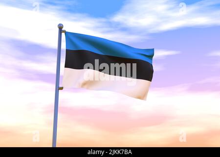 Winkende Flagge Estlands mit Chrom-Fahnenmast in blauem Himmel, der im Wind winkt. Hochauflösendes Flag mit Klarheit. 3D Abbildung Stockfoto