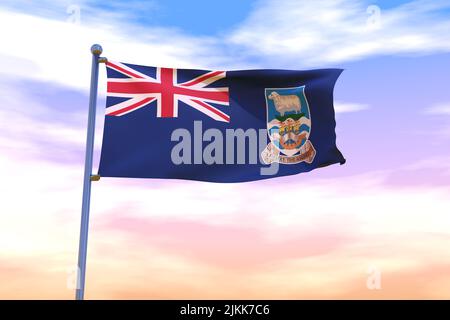 Winkende Flagge der Falklandinseln (Malvinas) mit Chrom-Fahnenmast in blauem Himmel, der im Wind winkt. Hochauflösendes Flag mit Klarheit. 3D Abbildung Stockfoto