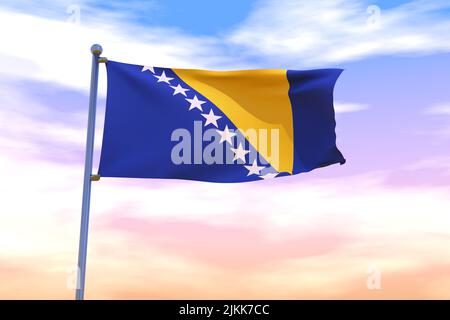 Schwenkende Flagge von Bosnien und Herzegowina mit Chrom-Fahnenmast in blauem Himmel winkt im Wind. Hochauflösendes Flag mit Klarheit. 3D Abbildung Stockfoto