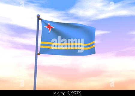 Schwenkende Flagge von Aruba mit Chrom-Fahnenmast in blauem Himmel winkt im Wind. Hochauflösendes Flag mit Klarheit. 3D Abbildung Stockfoto