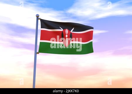 Winkende Flagge Kenias mit Chrom-Fahnenmast in blauem Himmel, der im Wind winkt. Hochauflösendes Flag mit Klarheit. 3D Abbildung Stockfoto