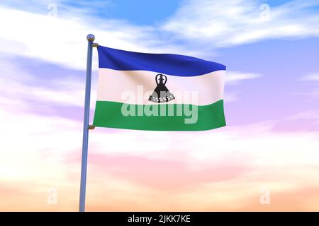 Winkende Flagge von Lesotho mit Chrom-Fahnenmast in blauem Himmel winkt im Wind. Hochauflösendes Flag mit Klarheit. 3D Abbildung Stockfoto