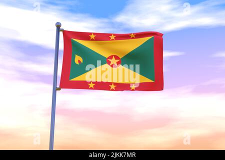 Winkende Flagge von Grenada mit Chrom-Fahnenmast in blauem Himmel winkt im Wind. Hochauflösendes Flag mit Klarheit. 3D Abbildung Stockfoto