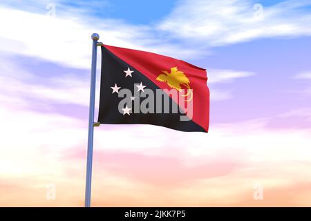 Winkende Flagge von Papua-Neuguinea mit Chrom-Fahnenmast in blauem Himmel winkt im Wind. Hochauflösendes Flag mit Klarheit. 3D Abbildung Stockfoto