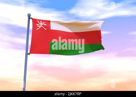 Wehende Flagge des Oman mit Chrom-Fahnenmast in blauem Himmel winkt im Wind. Hochauflösendes Flag mit Klarheit. 3D Abbildung Stockfoto