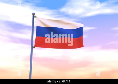 Winkende Flagge Russlands mit Chrom-Fahnenmast in blauem Himmel winkt im Wind. Hochauflösendes Flag mit Klarheit. 3D Abbildung Stockfoto