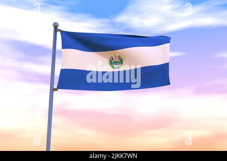 Schwenkende Flagge von El Salvador mit Chrom-Fahnenmast in blauem Himmel winkt im Wind. Hochauflösendes Flag mit Klarheit. 3D Abbildung Stockfoto