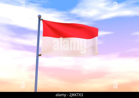 Schwenkende Flagge Indonesiens mit Chrom-Fahnenmast in blauem Himmel winkt im Wind. Hochauflösendes Flag mit Klarheit. 3D Abbildung Stockfoto