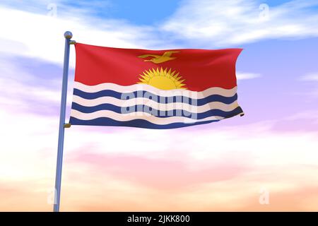 Winkende Flagge von Kiribati mit Chrom-Fahnenmast in blauem Himmel winkt im Wind. Hochauflösendes Flag mit Klarheit. 3D Abbildung Stockfoto