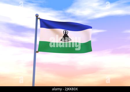 Winkende Flagge von Lesotho mit Chrom-Fahnenmast in blauem Himmel winkt im Wind. Hochauflösendes Flag mit Klarheit. 3D Abbildung Stockfoto