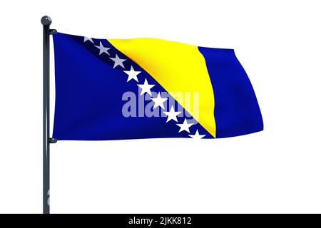 3D Abbildung der Flagge von Bosnien und Herzegowina mit verchromtem Fahnenmast mit Karabinerhaken, die in blauem Himmel winken. Weißer Hintergrund über einen Alphakanal aus g Stockfoto