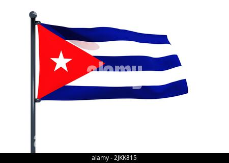 3D Abbildung der Flagge Kubas mit verchromtem Fahnenmast mit Karabinerhaken, die in blauem Himmel schwenken. Weißer Hintergrund durch einen Alpha-Kanal von großer Präzision. Stockfoto