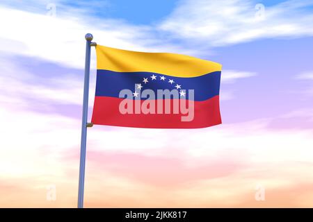 Winkende Flagge Venezuelas mit Chrom-Fahnenmast in blauem Himmel, der im Wind winkt. Hochauflösendes Flag mit Klarheit. 3D Abbildung Stockfoto