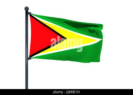 3D Abbildung der Flagge von Guyana mit verchromtem Fahnenmast mit Karabinerhaken, die in blauem Himmel winken. Weißer Hintergrund durch einen Alpha-Kanal von großer Präzision. Stockfoto