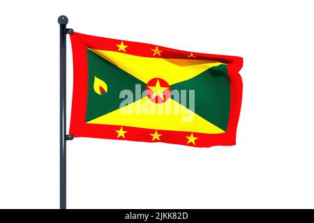 3D Abbildung der Flagge von Grenada mit verchromtem Fahnenmast mit Karabinerhaken, die in blauem Himmel winken. Weißer Hintergrund durch einen Alpha-Kanal von großer Präzision. Stockfoto