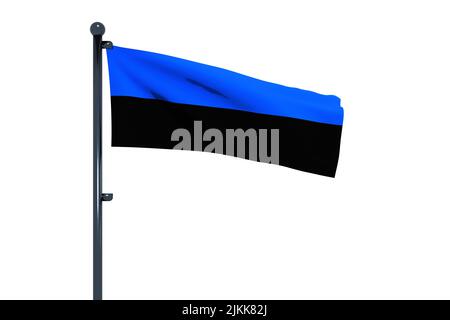 3D Abbildung der Flagge Estlands mit verchromtem Fahnenmast mit Karabinerhaken, die in blauem Himmel winken. Weißer Hintergrund durch einen Alpha-Kanal von großer Präzision. Stockfoto