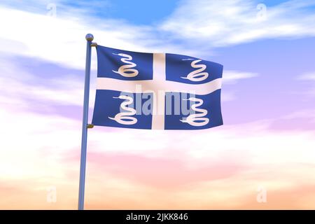 Winkende Flagge von Martinique mit Chrom-Fahnenmast in blauem Himmel winkt im Wind. Hochauflösendes Flag mit Klarheit. 3D Abbildung Stockfoto