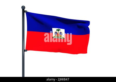 3D Abbildung der Flagge von Haiti mit Chrom-Fahnenmast mit Karabinerhaken winken in blauen Himmel. Weißer Hintergrund durch einen Alpha-Kanal von großer Präzision. Stockfoto