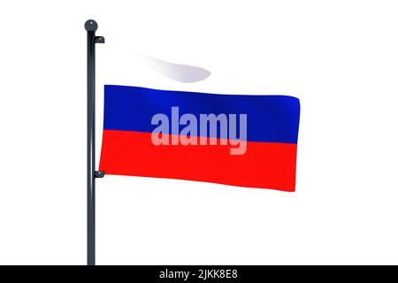 3D Abbildung der Flagge Russlands mit Chrom-Fahnenstange mit Karabinerhaken winkt in blauen Himmel. Weißer Hintergrund durch einen Alpha-Kanal von großer Präzision. Stockfoto