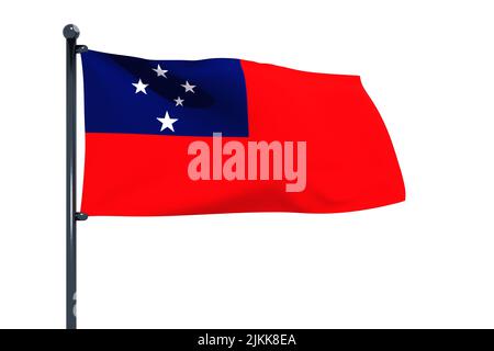 3D Abbildung der Flagge von Samoa mit verchromtem Fahnenmast mit Karabinerhaken, die in blauem Himmel winken. Weißer Hintergrund durch einen Alpha-Kanal von großer Präzision. Stockfoto