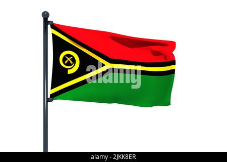 3D Abbildung der Flagge von Vanuatu mit verchromtem Fahnenmast mit Karabinerhaken, die in blauem Himmel winken. Weißer Hintergrund durch einen Alpha-Kanal von großer Präzision. Stockfoto