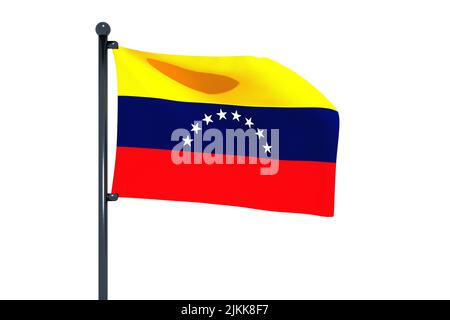 3D Abbildung der Flagge Venezuelas mit verchromtem Fahnenmast mit Karabinerhaken, die in blauem Himmel winken. Weißer Hintergrund über einen Alphakanal von precisio Stockfoto