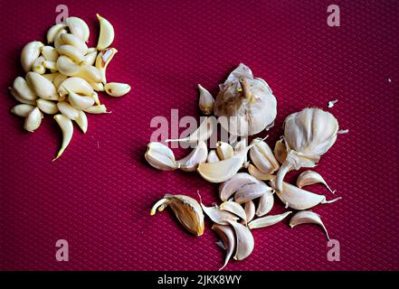 Stock Foto von Bund geschälten Knoblauchzehen und ungeschälten Knoblauchzehen mit ganzen Knoblauch gehalten auf dunkelrosa Farbe Schneidebrett unter natürlichem Licht. Stockfoto