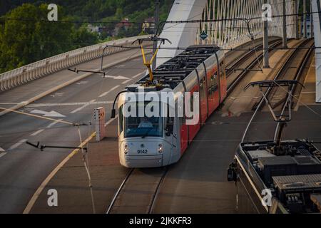 Straßenbahn in der Nähe des Bahnhofs Prag Holesovice im Sommer sonnig frische Farbe Abend Stockfoto