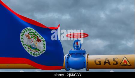 Belize Gas, Ventil an der Hauptgasleitung Belize, Pipeline mit Flagge Belize, Gasleitungen aus Belize, 3D Arbeit und 3D Bild Stockfoto