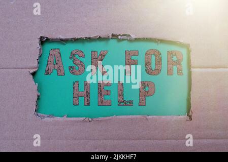 Textunterschrift mit „Bitte um Hilfe“. Wort geschrieben auf Anfrage zur Unterstützung benötigte Unterstützung Professionelle Beratung wichtige Informationen geschrieben Stockfoto