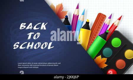 Zurück zur Schule. Wörter mit realistischen Schulartikeln, mit Buntstiften, Markern und Herbstblättern. Stock Vektor