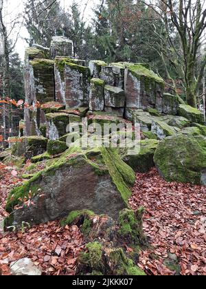 Eine vertikale Aufnahme von moosigen Steinen und Bäumen auf dem Berg Steinwand in Hessen Stockfoto