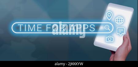 Textunterschrift mit der Zeit für Apps. Internet-Konzept der beste Full-featured-Service, der schneller kommunizieren Geschäftsmann Holding A Pad hilft Stockfoto