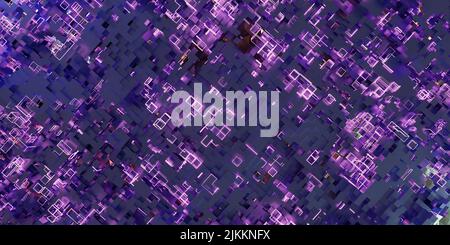 Abstrakt lila leuchtende Würfel Hintergrund. 3D Render eines rosa Netzwürfels Stockfoto