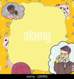 Geschäftsleute, Die Auf Mobiltelefonen Sprechen Und Wichtige Ideen Präsentieren. Männer Sprechen Auf Handys Und Zeigen Krutiale Informationen. Führungskräfte Stock Vektor