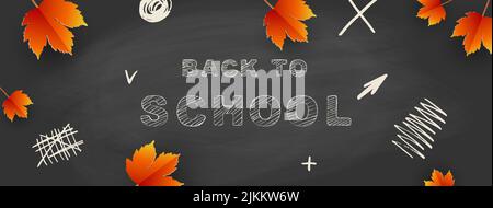 Zurück in die Schule - Tafel mit Herbstblättern, Kritzeleien und Kreidebeschriftungen. Vorlage für Ihren Text. Vektor Stock Vektor