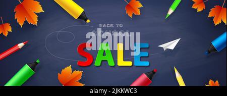 Zurück in die Schule . Bildung Rabatt Vektor-Banner mit Verkaufstext und bunten Schulsachen auf dem Schulbrett. Vektor Stock Vektor
