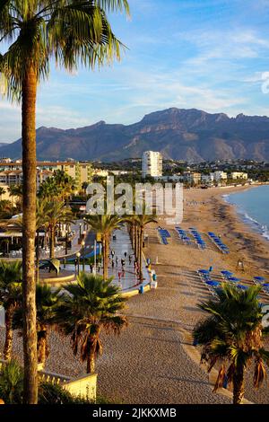 Während des Sonnenaufgangs praktiziert eine Gruppe von Menschen Yoga am Strand in Altea, Alicante, Spanien Stockfoto