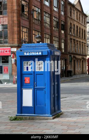 Wilson Street, Glasgow, Schottland, Großbritannien. Police Box in original blau lackiert. Stockfoto