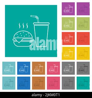 Fastfood-Menü mit Cheeseburger und Getränken umreißt mehrfarbige flache Symbole auf schlichten quadratischen Hintergründen. Im Lieferumfang enthalten sind weiße und dunklere Symbolvarianten für Stock Vektor