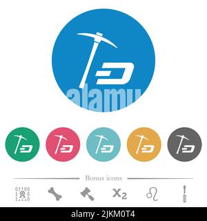 Dash Kryptowährung Mining mit Schatz flache weiße Symbole auf runden farbigen Hintergründen. 6 Bonus-Symbole enthalten. Stock Vektor