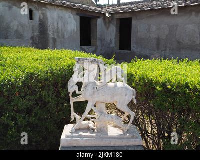 Römische Statue eines Hirsches, der von Wölfen oder Hunden in einem Garten auf der Terrasse der Ausgrabungsstätte Herculaneum, Ercolano Scavi, Kampanien, Italien, angegriffen wird. Stockfoto